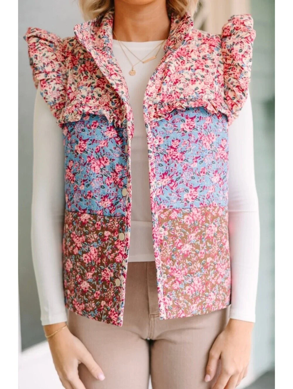 Entro Boutique Floral Color Block Ruffle Vest - Women's Large NWOT